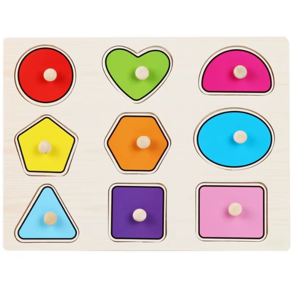 Fából készült, fogantyúval ellátott gyermekpuzzle – geometriai alakzatok