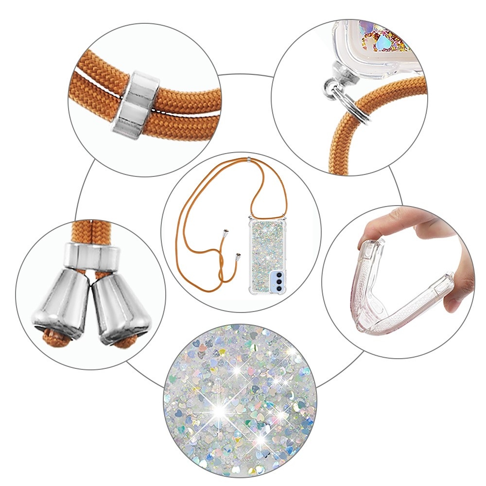 Csillogó homokóra zselés tok zsinórral Samsung Galaxy A26 5G-hez - ezüst/szívecske