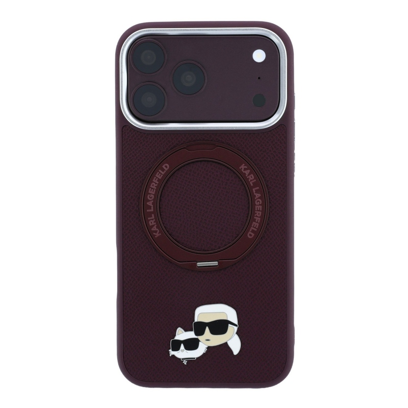 Karl Lagerfeld PU Grained K&CH Heads Ring Stand Magsafe hátsó tok iPhone 18 Pro-hoz, bordó
