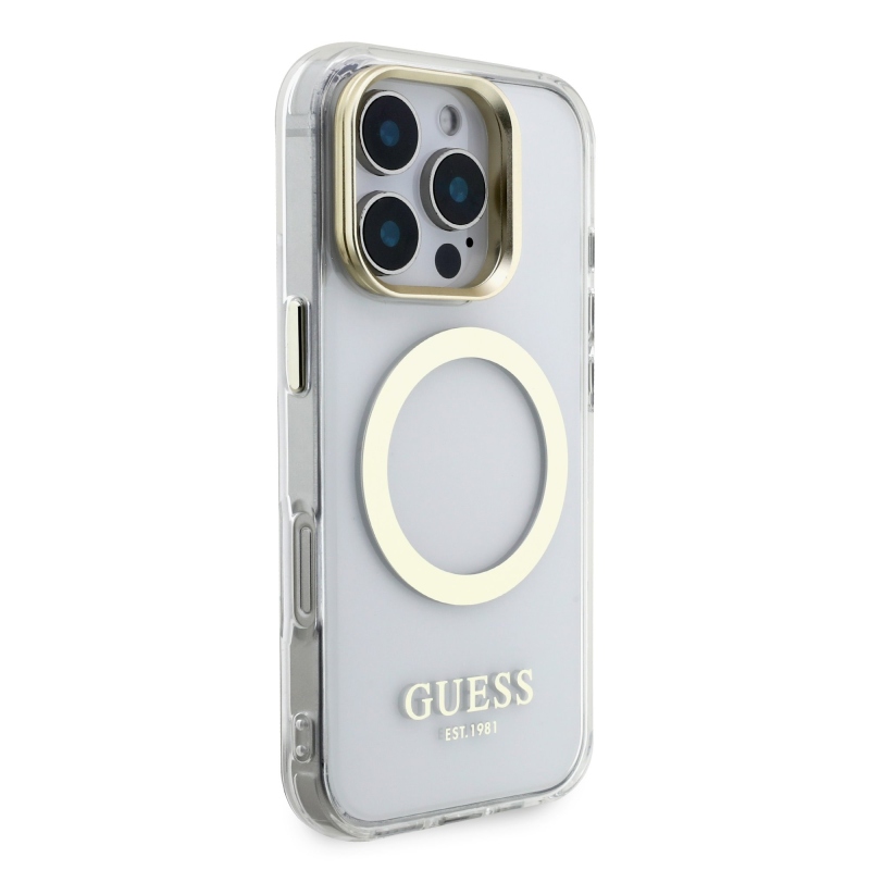 Guess IML Gold Outline Stand Kamera keret MagSafe hátlapi borító iPhone 16 Pro átlátszóhoz