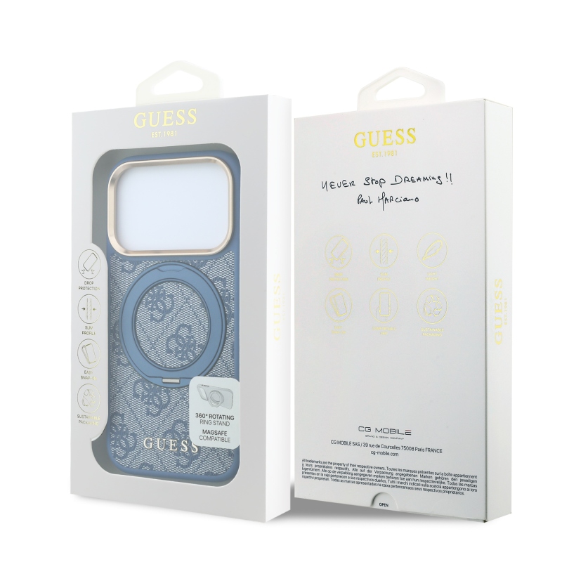 Guess PU 4G Ring Stand MagSafe hátsó tok iPhone 18 Pro-hoz, kék