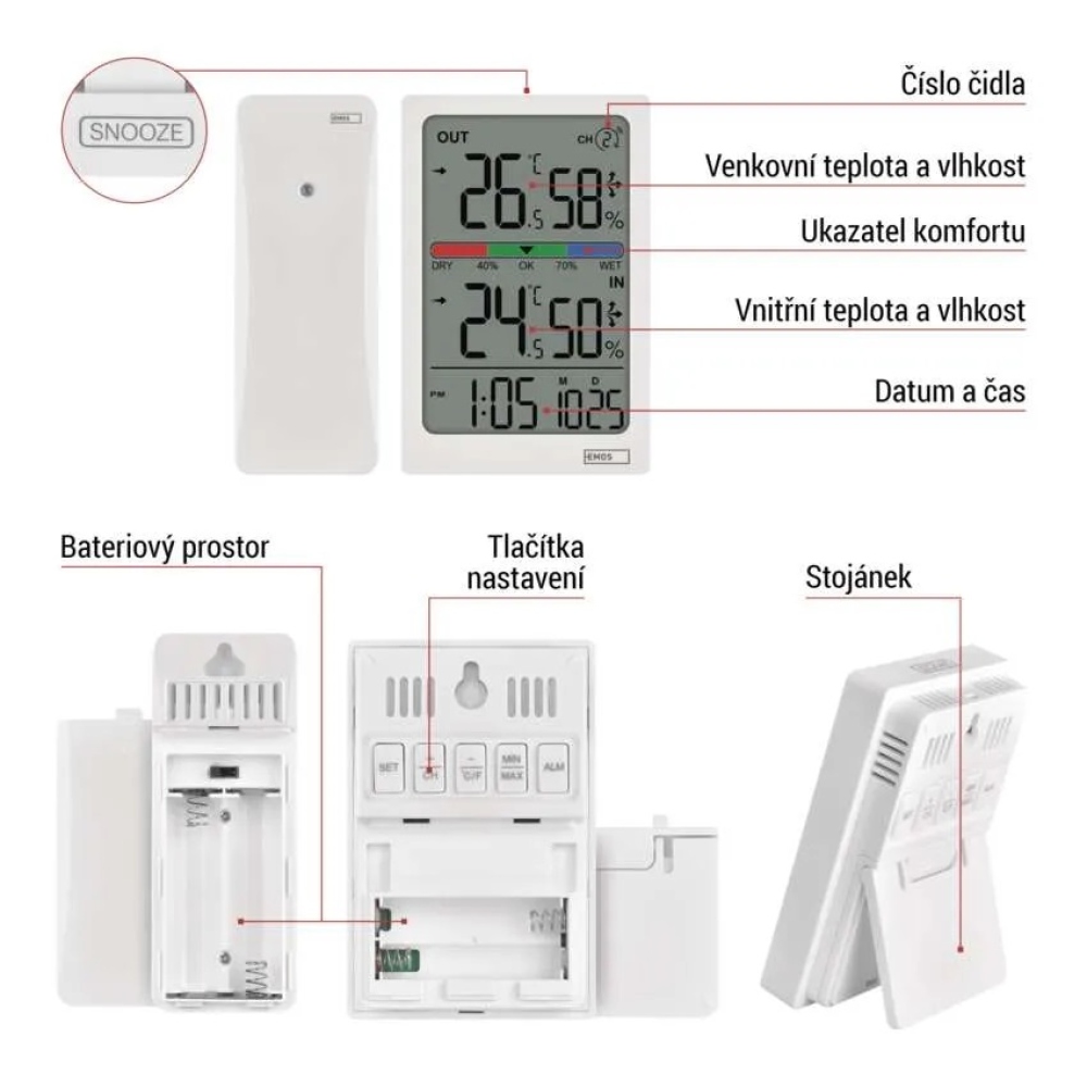 Digitális hőmérő higrométerrel, vezeték nélküli érzékelővel, ébresztőórával, dátummérővel E0558W