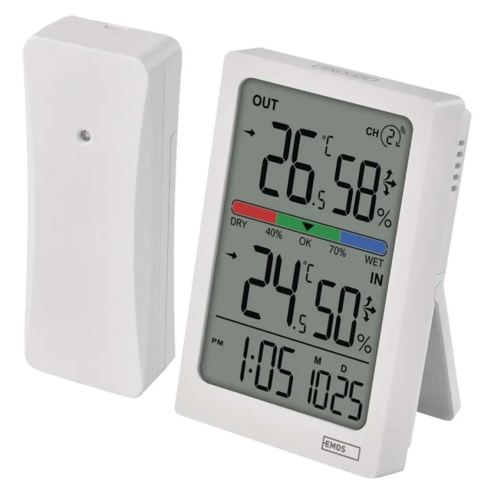 Digitális hőmérő higrométerrel, vezeték nélküli érzékelővel, ébresztőórával, dátummérővel E0558W