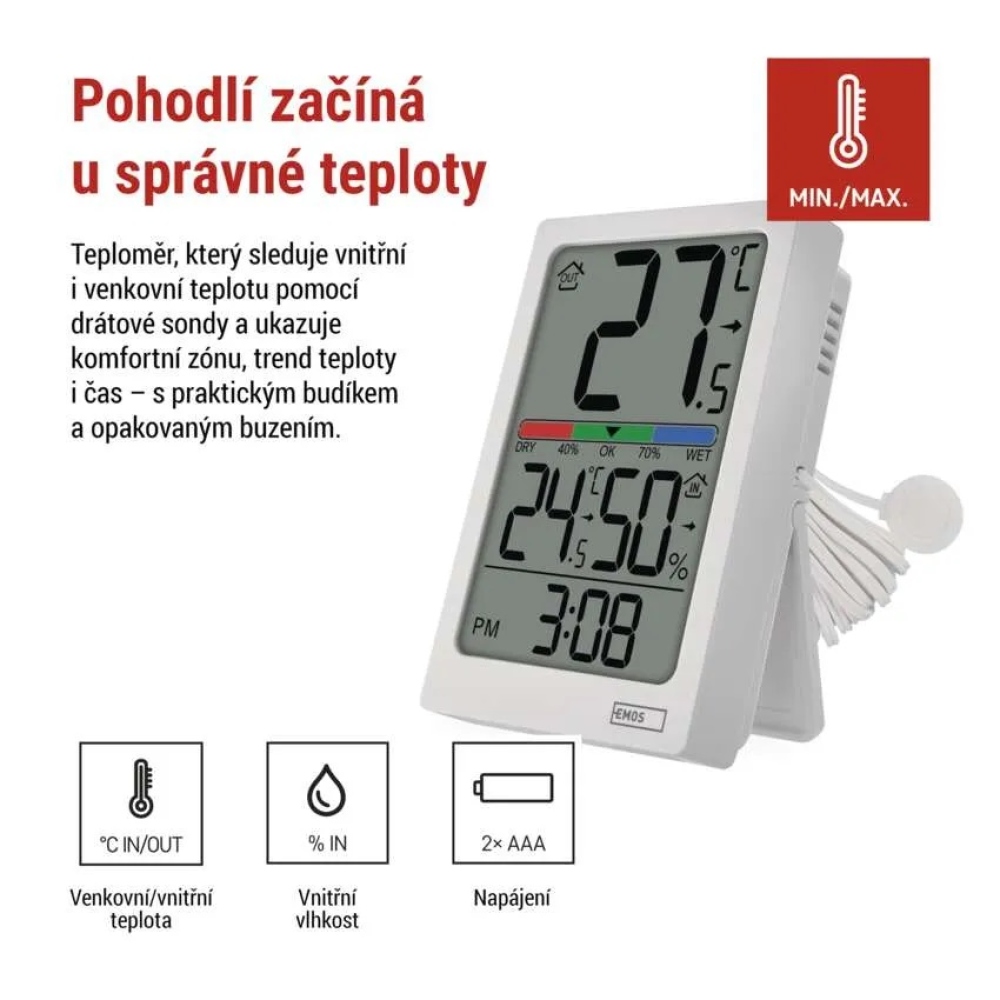 Digitális hőmérő higrométerrel, vezetékes érzékelővel, ébresztőórával E0558P