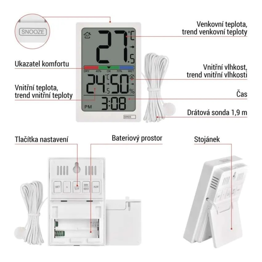 Digitális hőmérő higrométerrel, vezetékes érzékelővel, ébresztőórával E0558P