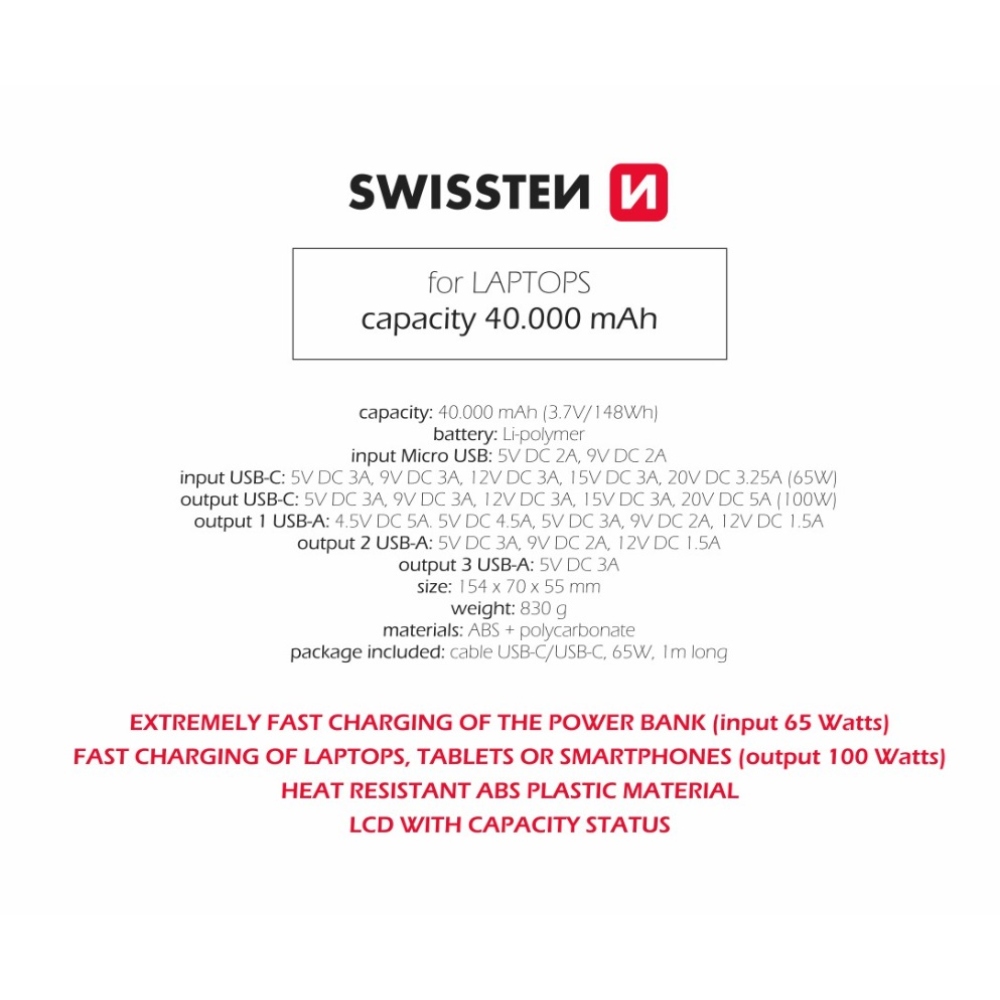 Swissten Powerbank POWER LINE 100W 40000mAh