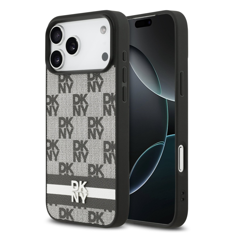 DKNY PU bőr kockás mintás és csíkos hátlapi borító iPhone 17 Pro Max-hoz Fekete