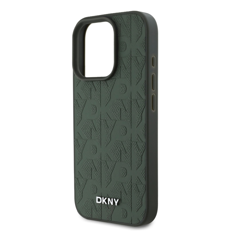 DKNY Magsafe PU bőr rácsmintás hátlap iPhone 16 Pro készülékhez, zöld