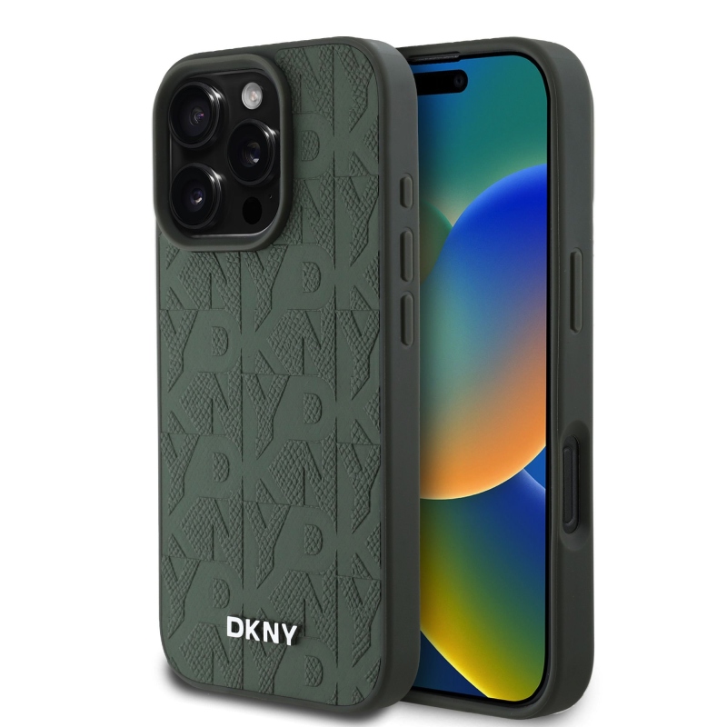 DKNY Magsafe PU bőr rácsmintás hátlap iPhone 16 Pro Max készülékhez, zöld