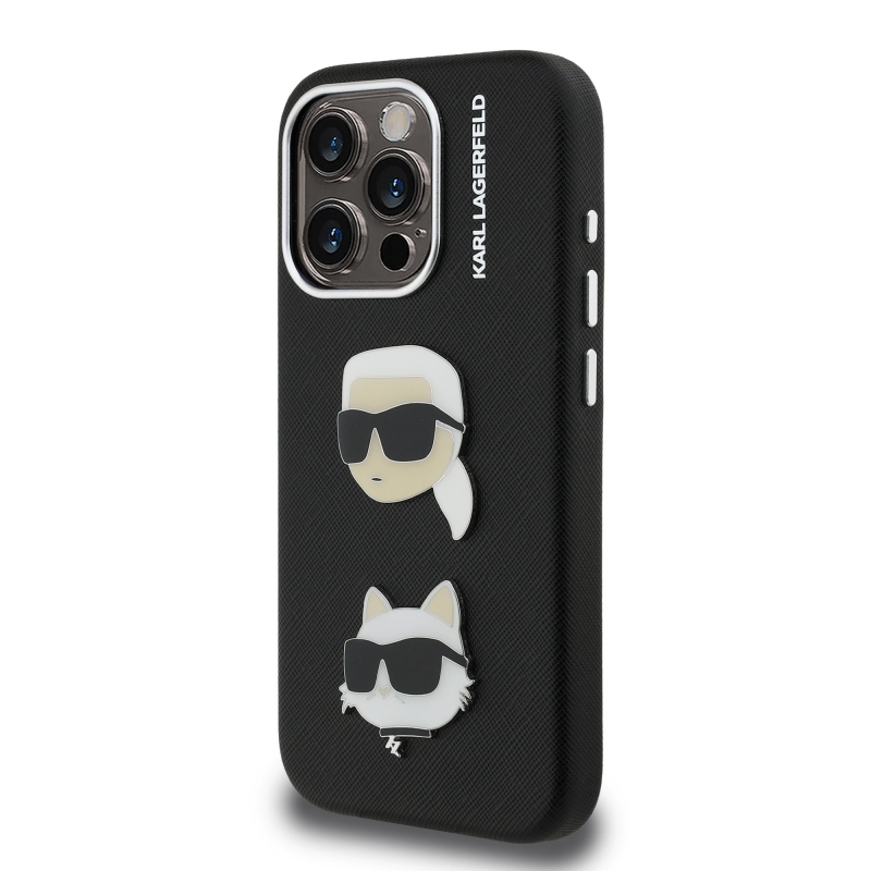 Karl Lagerfeld szemcsés PU K&CH Heads hátlap iPhone 15 Pro Max-hoz Fekete