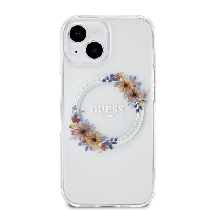 Guess PC/TPU Virágok gyűrű fényes logó MagSafe hátlap iPhone 15 Plus átlátszóhoz