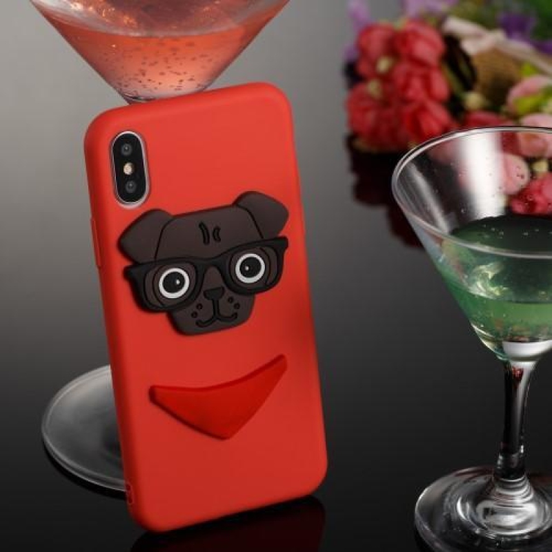 Kutyás 3D szilikon tok iPhone X készülékhez - piros