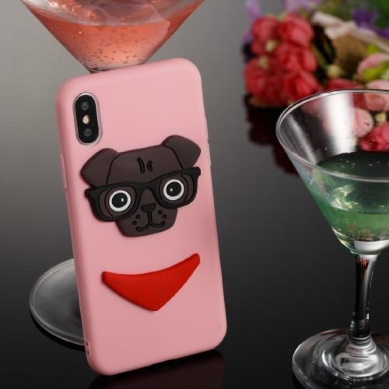 Kutyás 3D szilikon tok iPhone X készülékhez - rózsaszín