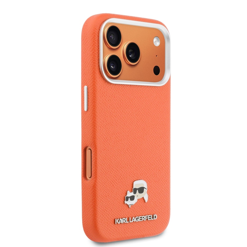 Karl Lagerfeld PU Karl és Choupette fejek tűk MagSafe hátlap iPhone 17 Pro narancssárga borítóhoz