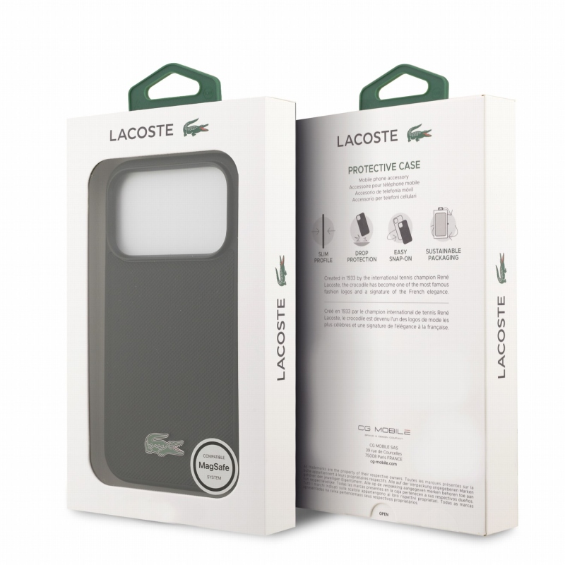 Lacoste PVC Iconic Petit Pique fém logós MagSafe hátsó tok iPhone 18 Pro-hoz, fekete