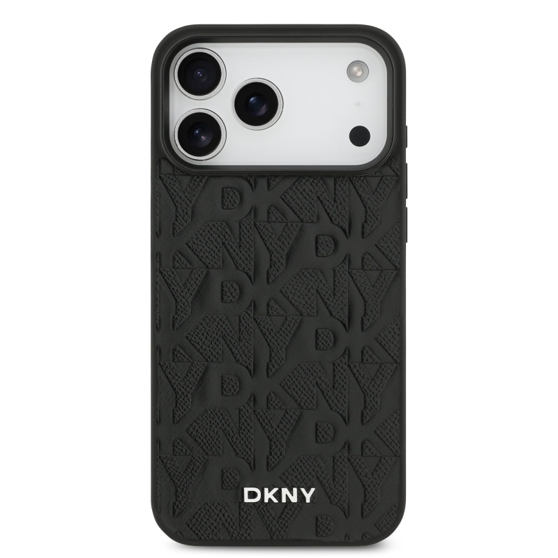 DKNY PU bőr rácsmintás Magsafe hátlap iPhone 17 Pro Max-hoz Fekete