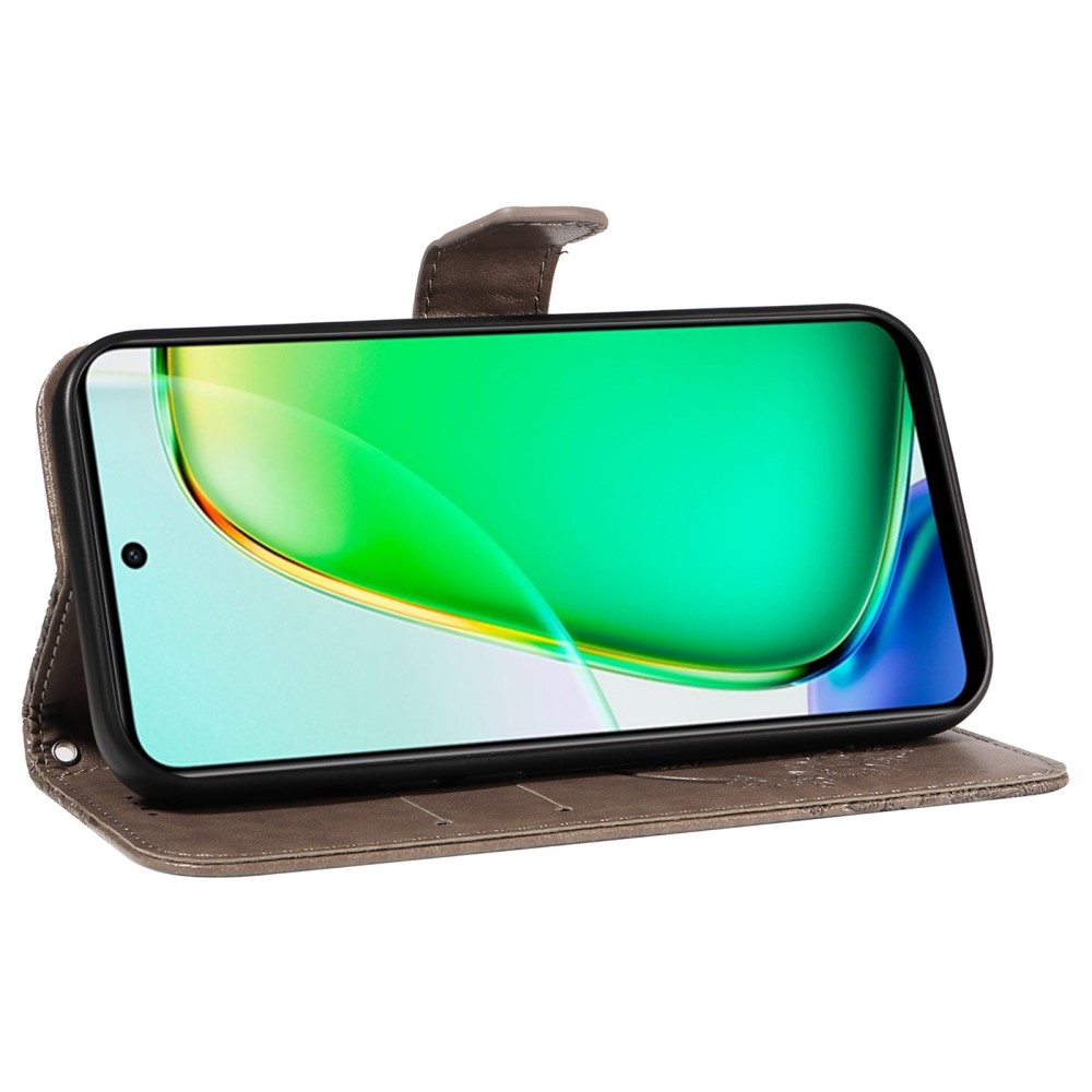 Virágos pillangó könyvtáska Vivo Y28-hoz - szürke