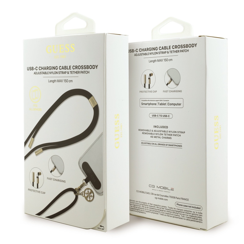 Guess Crossbody Strap 4G Charm USB-C/USB-C töltőkábellel Fekete