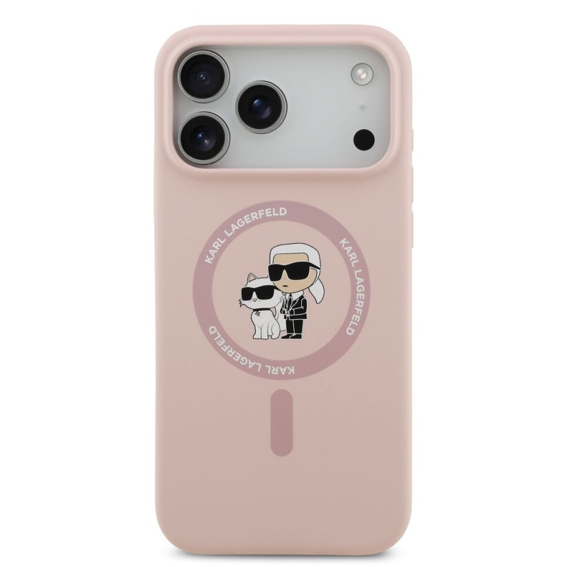 Karl Lagerfeld Liquid Silicone Karl és Choupette MagSafe hátsó tok iPhone 18 Pro Max-hoz, rózsaszín