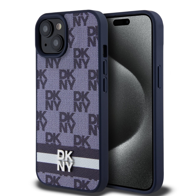 DKNY PU bőr kockás mintás és csíkos hátlapi borító iPhone 15 kékhez