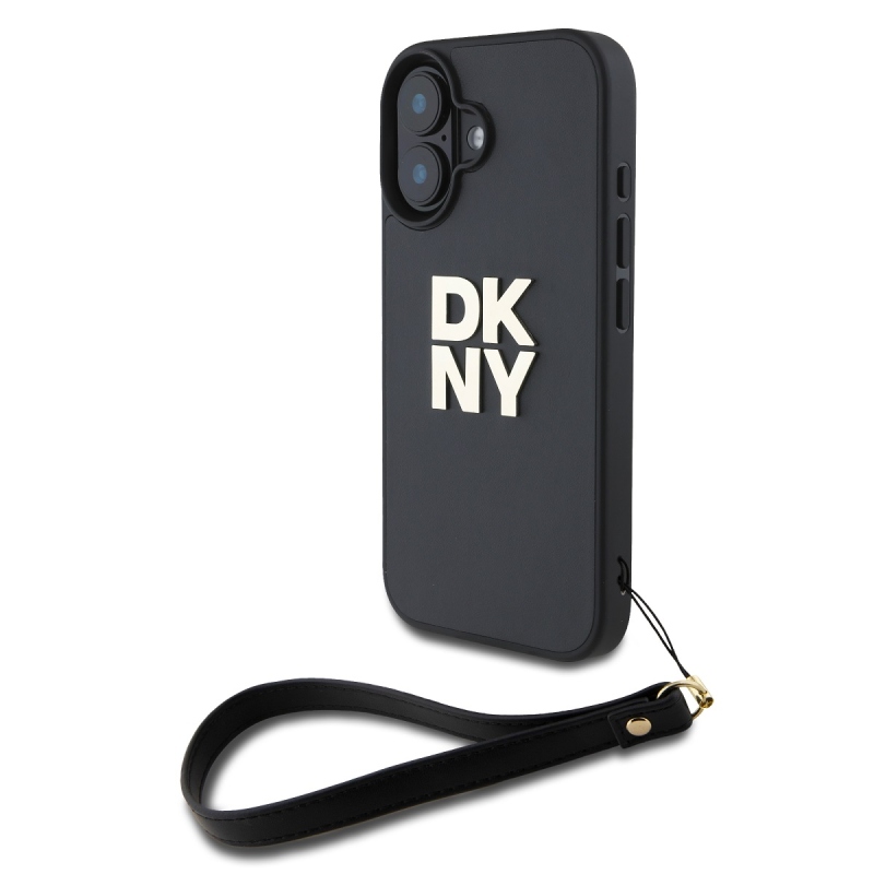 DKNY PU bőr Stack Logo csuklópánt hátlapi borító iPhone 16-hoz Fekete