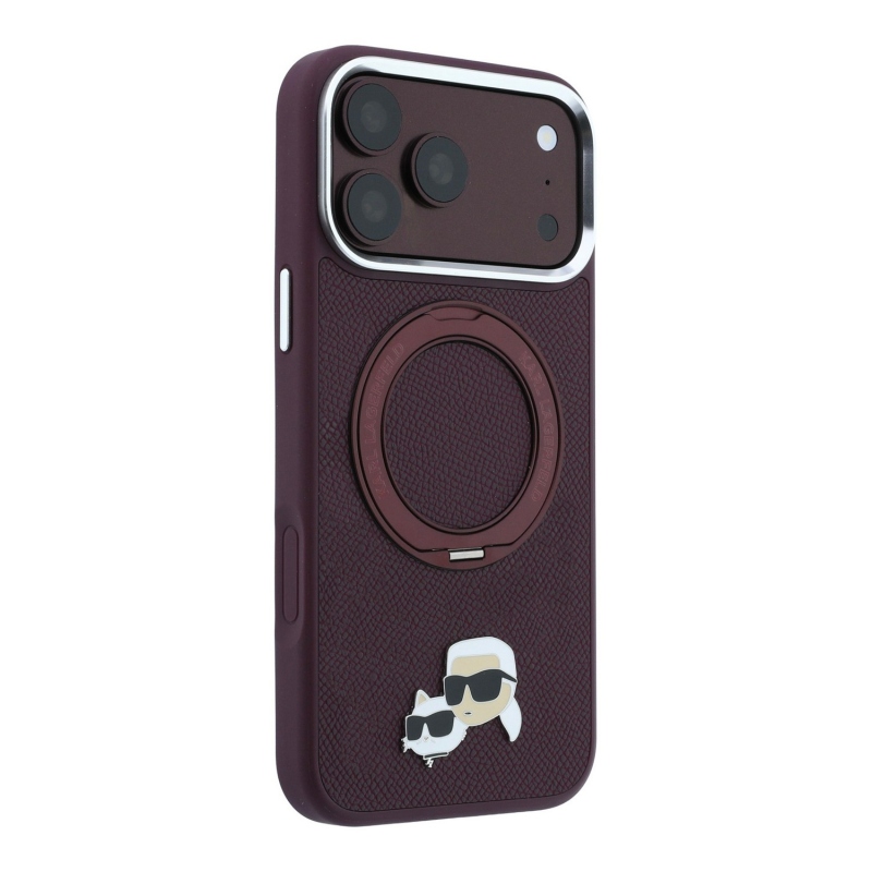 Karl Lagerfeld PU Grained K&CH Heads Ring Stand Magsafe hátsó tok iPhone 18 Pro-hoz, bordó
