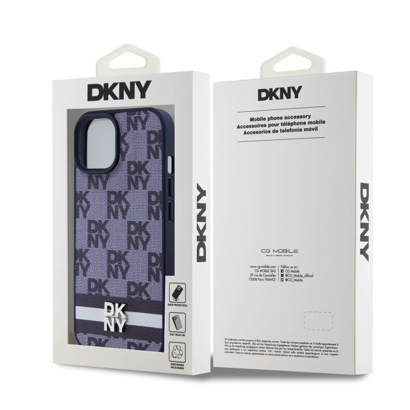 DKNY PU bőr kockás mintás és csíkos hátlapi borító iPhone 15 kékhez