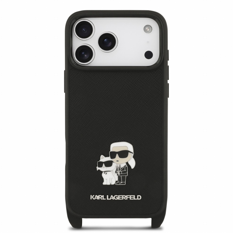 Karl Lagerfeld Saffiano vállpántos, fém Karl és Choupette hátsó tok iPhone 18 Pro Max-hoz, fekete