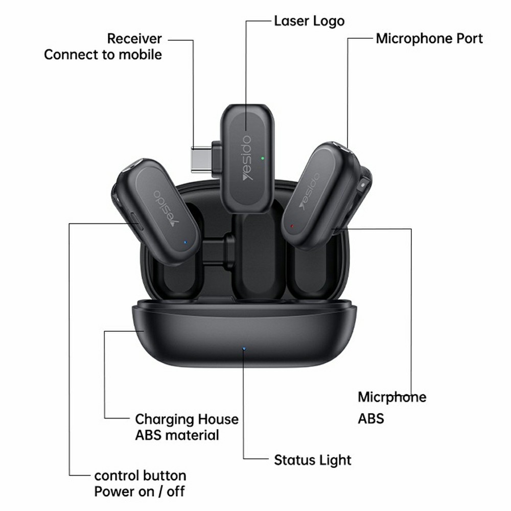 Yesido KR22 vezeték nélküli hajtókás mikrofon mesterséges intelligenciával és zajcsökkentéssel