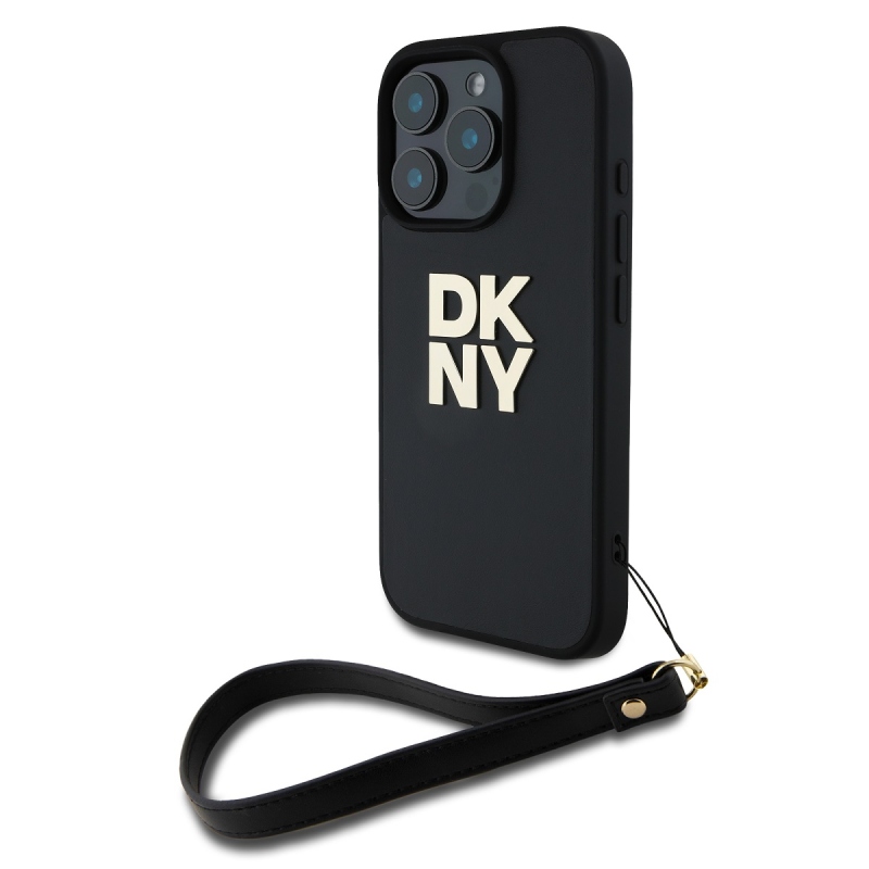 DKNY PU bőr Stack Logo csuklópánt hátlapi borító iPhone 16 Pro Fekete