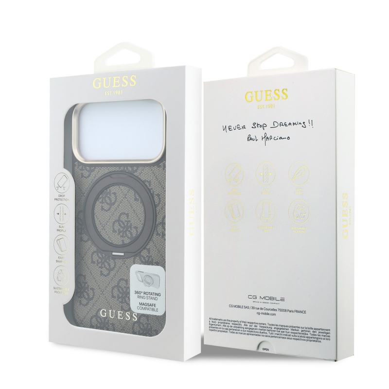 Guess PU 4G Ring Stand MagSafe hátsó tok iPhone 18 Pro-hoz, barna
