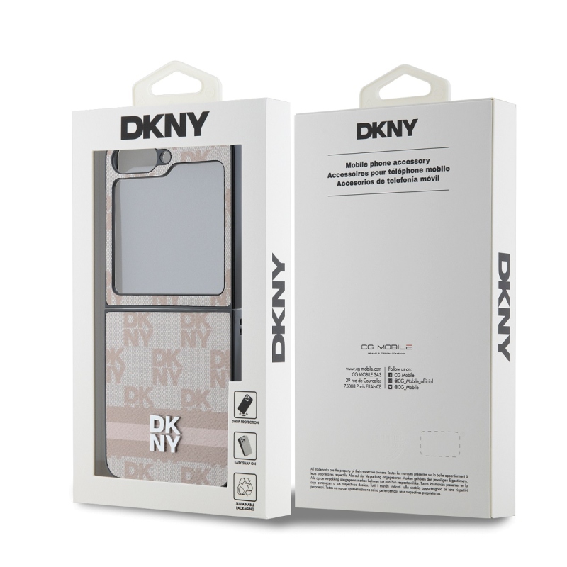 DKNY PU bőr kockás mintás és csíkos hátsó borító Samsung Galaxy Z Flip 6 rózsaszínűhöz
