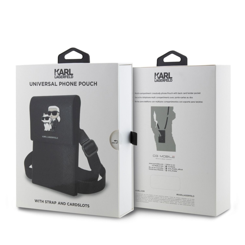 Karl Lagerfeld Saffiano fém logós NFT pénztárca telefon táska fekete