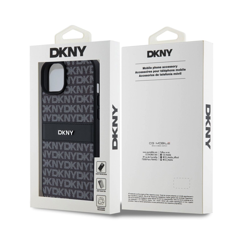 DKNY PU bőr ismétlődő mintás tonális csíkos hátlap iPhone 15 Plus-hoz Fekete