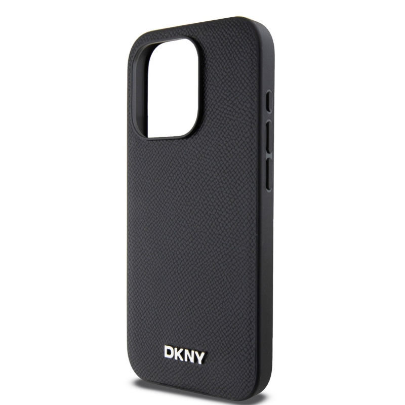 DKNY PU bőr ezüst fém logó Magsafe hátlap iPhone 15 Pro Fekete