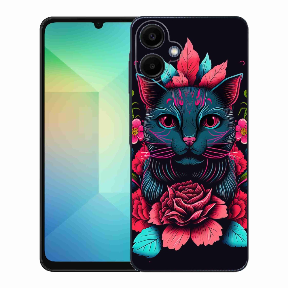 Gél borítás mmCase Samsung Galaxy A06 4G - virágok és macska
