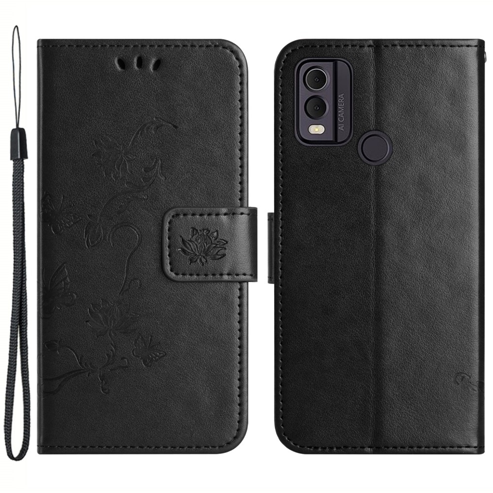 Virágos könyvtáska Nokia C22 készülékhez - fekete