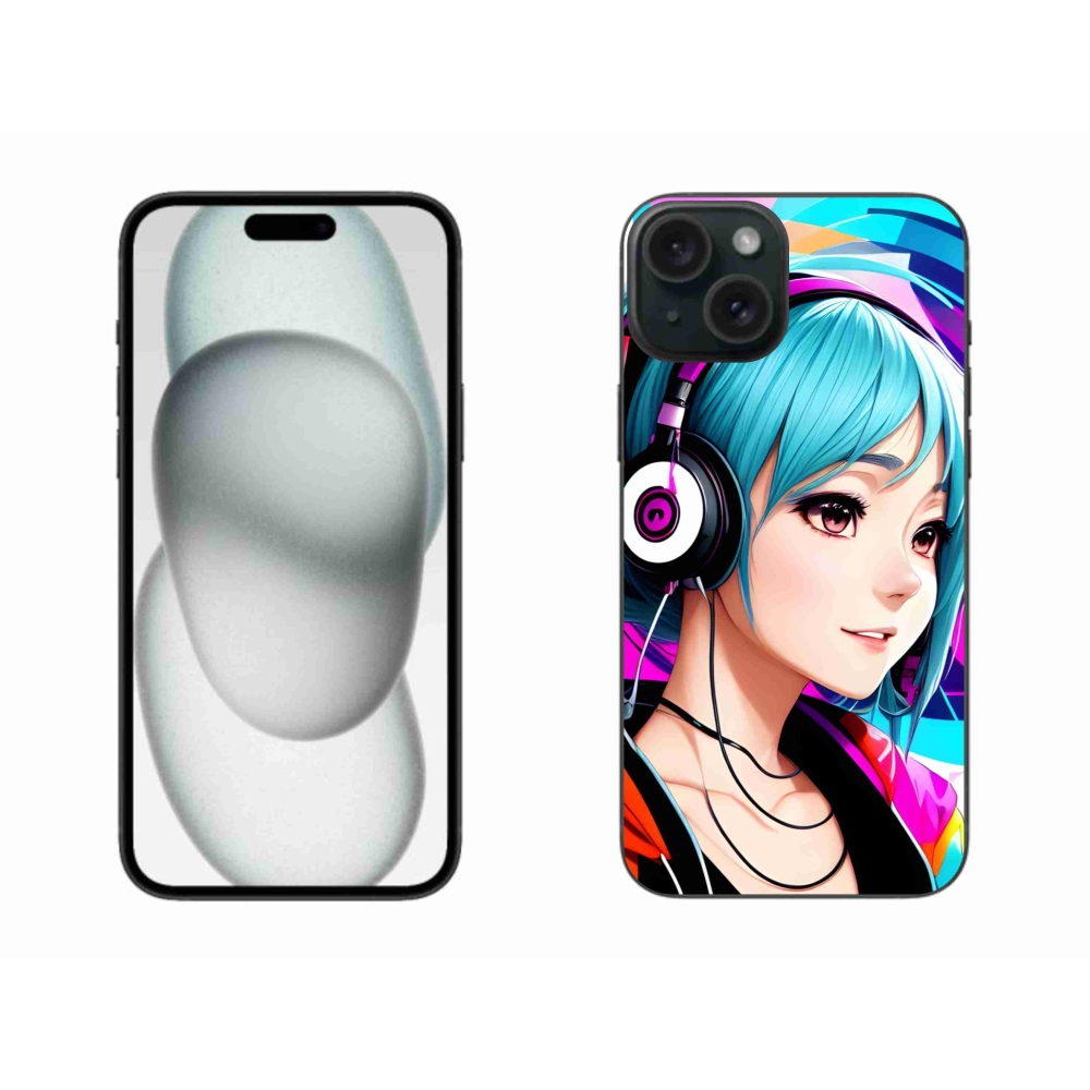 Zselés borítás mmCase iPhone 15 Plus készülékhez - lány fejhallgatóval