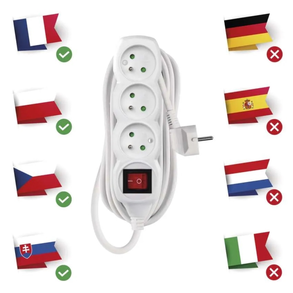 Hosszabbító kábel 5 m / 3 aljzat / kapcsolóval / fehér / PVC / 1 mm2