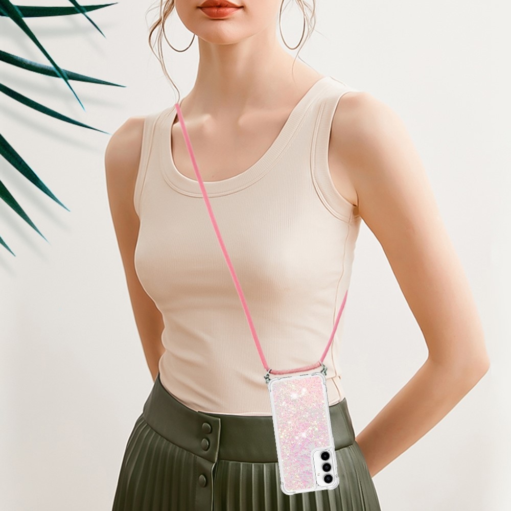 Csillogó homokóra zselés tok húzózsinórral Samsung Galaxy A36 5G - rózsaszín/csillagok