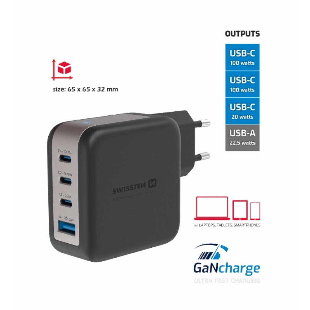 Swissten GaN hálózati adapter 3x USB-C 100W PD + 1x USB-A 18W QC - fekete