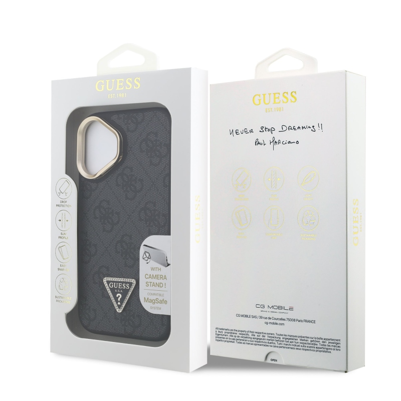 Guess PU 4G Strass háromszög logó állvány kamerakeret MagSafe hátlapi borító iPhone 16-hoz Fekete