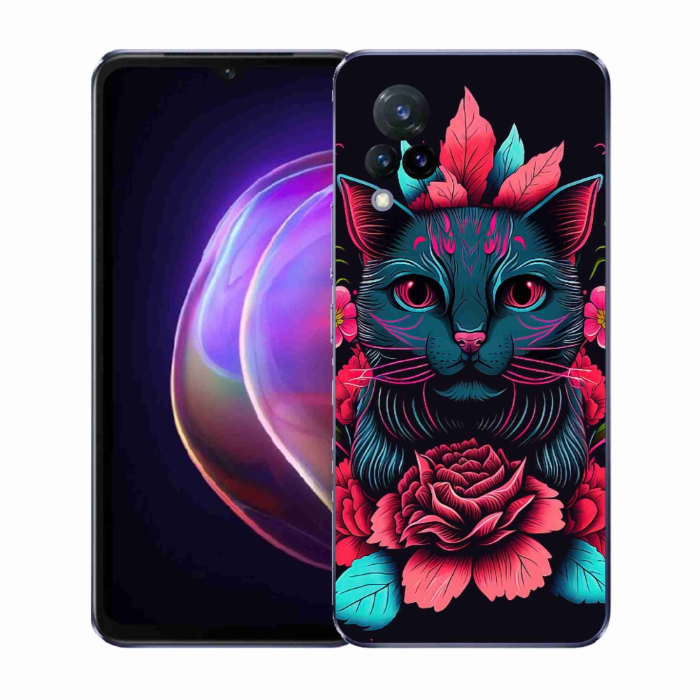 Gél borító mmCase a Vivo V21 4G/5G készülékhez - virágok és macska