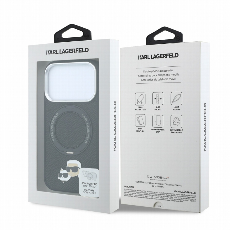 Karl Lagerfeld PU Grained K&CH Heads Ring Stand Magsafe hátsó tok iPhone 18 Pro Max-hoz, fekete