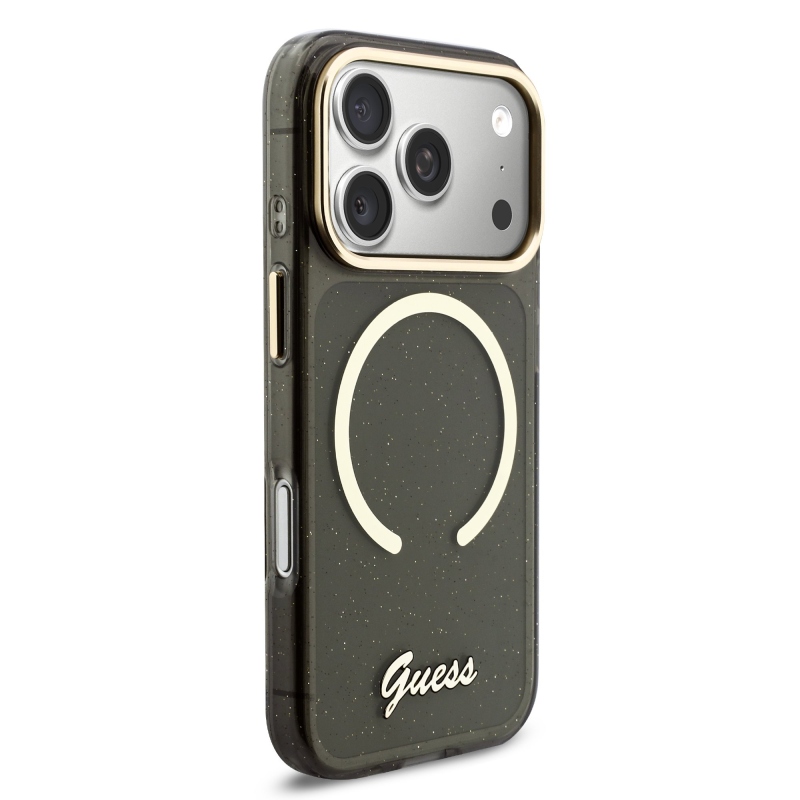 Guess IML Glitter Script Strap MagSafe hátlapi borító iPhone 17 Pro Fekete