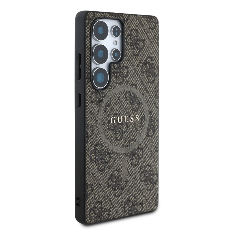 Guess PU bőr 4G színes gyűrűs MagSafe hátlap Samsung Galaxy S25 Ultra Brownhoz