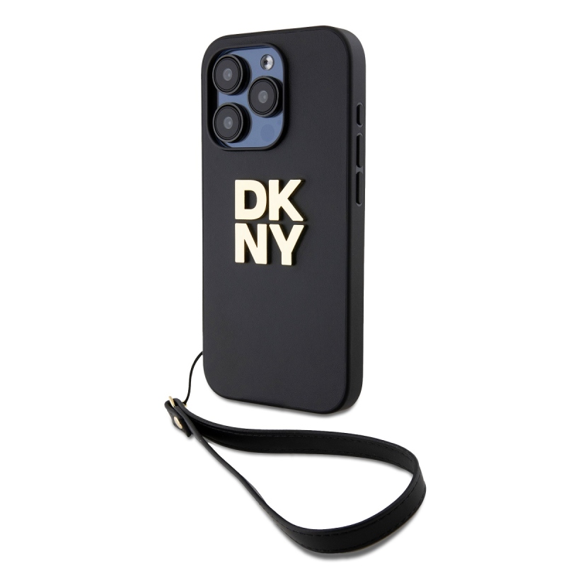 DKNY PU bőr Stack Logo csuklópánt hátlapi borító iPhone 14 Pro Max-hoz Fekete