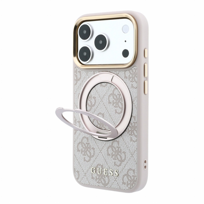 Guess PU 4G Ring Stand MagSafe hátsó tok iPhone 18 Pro-hoz, rózsaszín