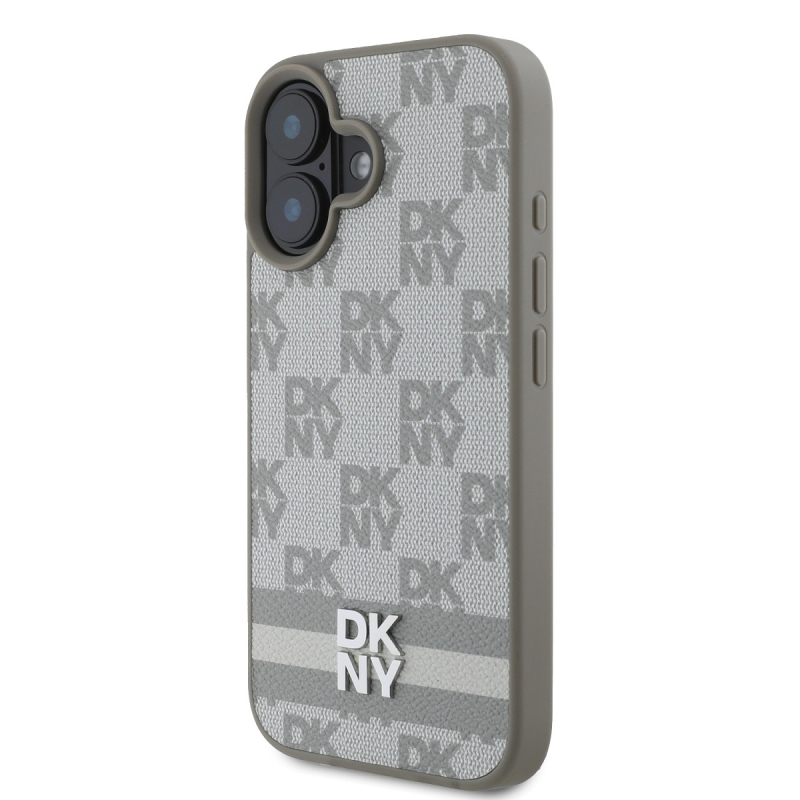 DKNY PU bőr kockás mintás és csíkos hátlapi borító iPhone 16 bézs színű készülékhez