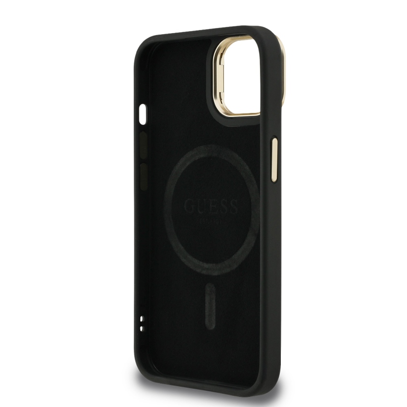 Guess PU 4G Strass háromszög logó állvány kamerakeret MagSafe hátlapi borító iPhone 13-hoz Fekete